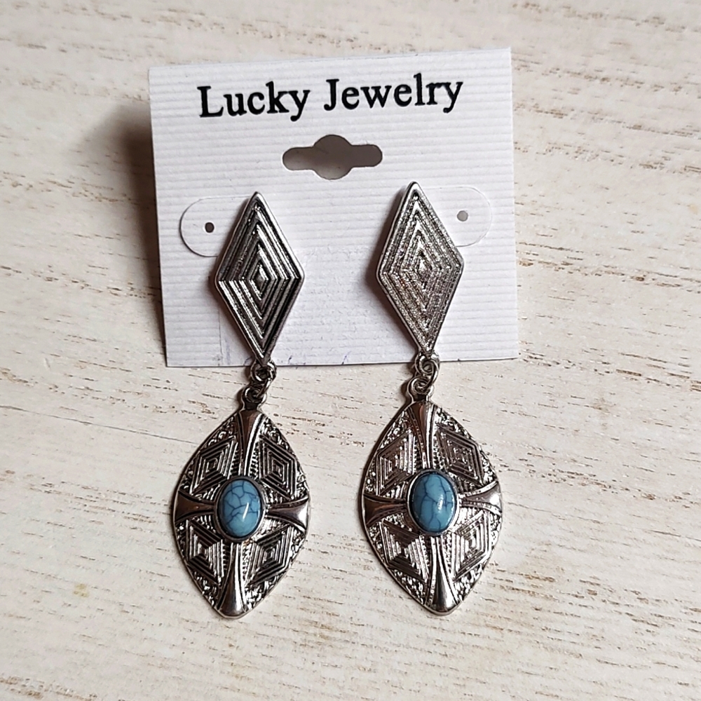 😻 3 For $15 Silver Tone Tibetan Cross Medallion With Blue Stone Stud Dangles